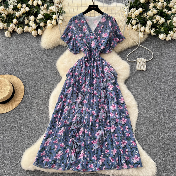 French Style V-neck Floral Dress