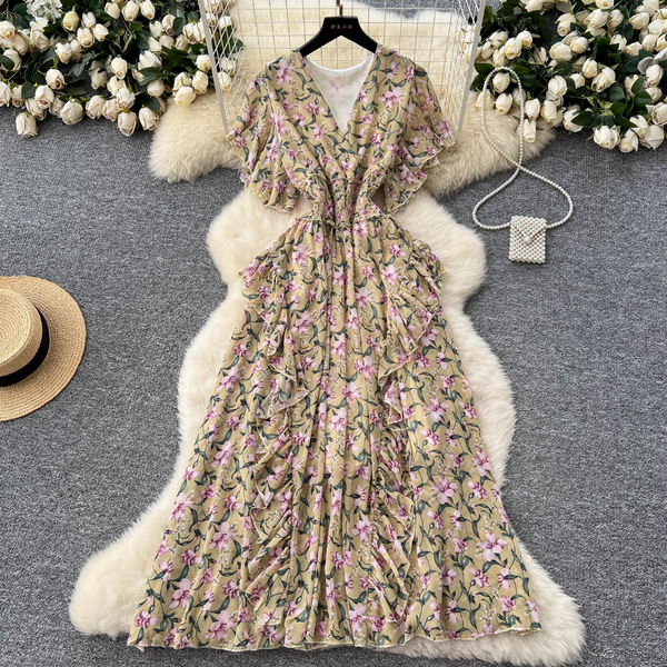 French Style V-neck Floral Dress