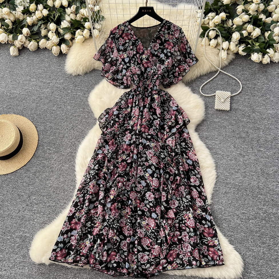French Style V-neck Floral Dress