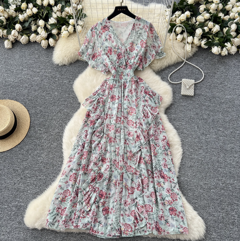 French Style V-neck Floral Dress