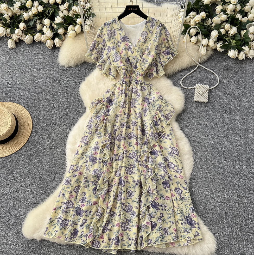 French Style V-neck Floral Dress
