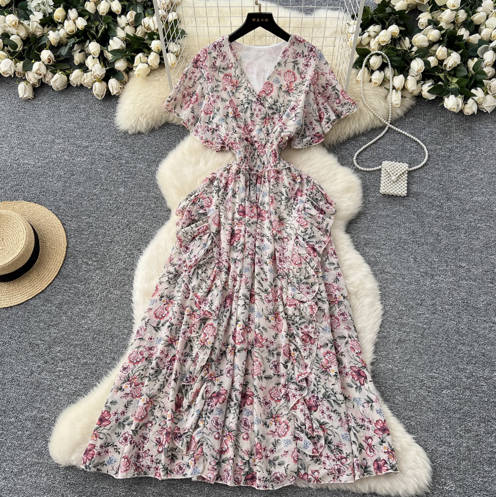 French Style V-neck Floral Dress