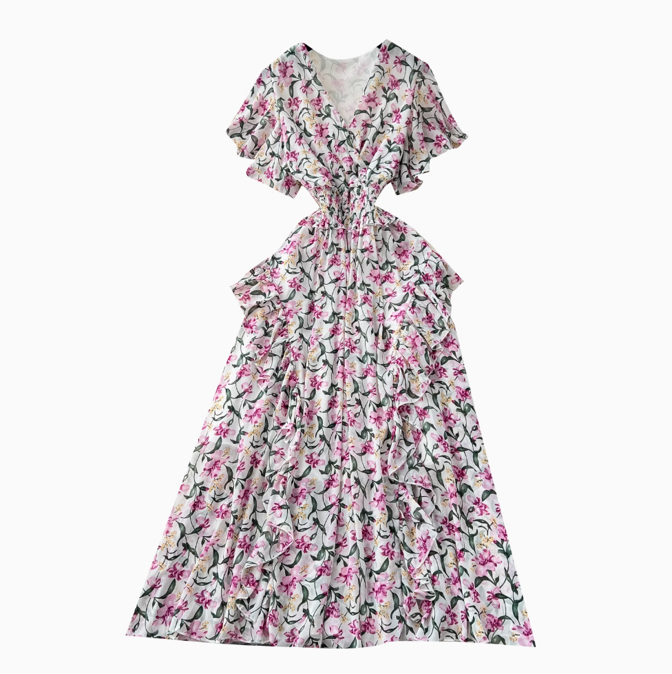 French Style V-neck Floral Dress