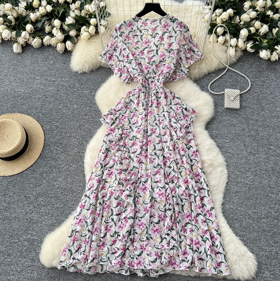 French Style V-neck Floral Dress