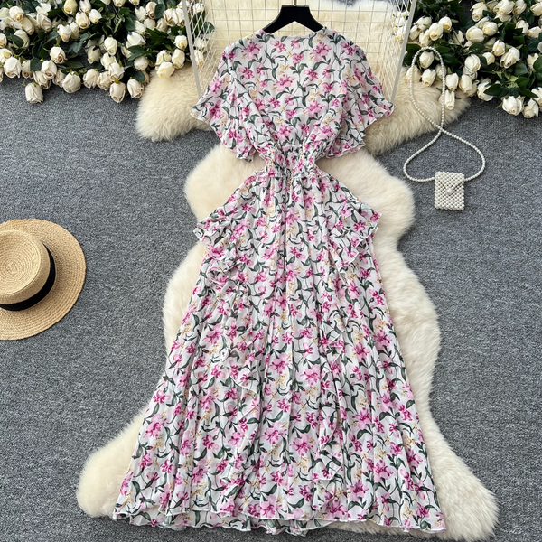 French Style V-neck Floral Dress