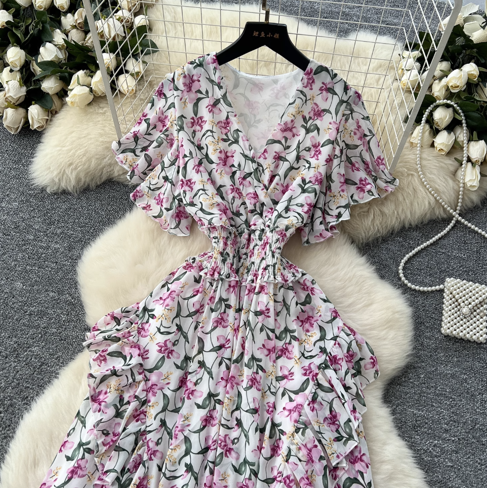 French Style V-neck Floral Dress