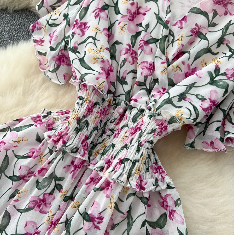 French Style V-neck Floral Dress