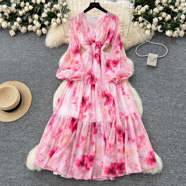 V-neck Pearl Buckle Floral Dress