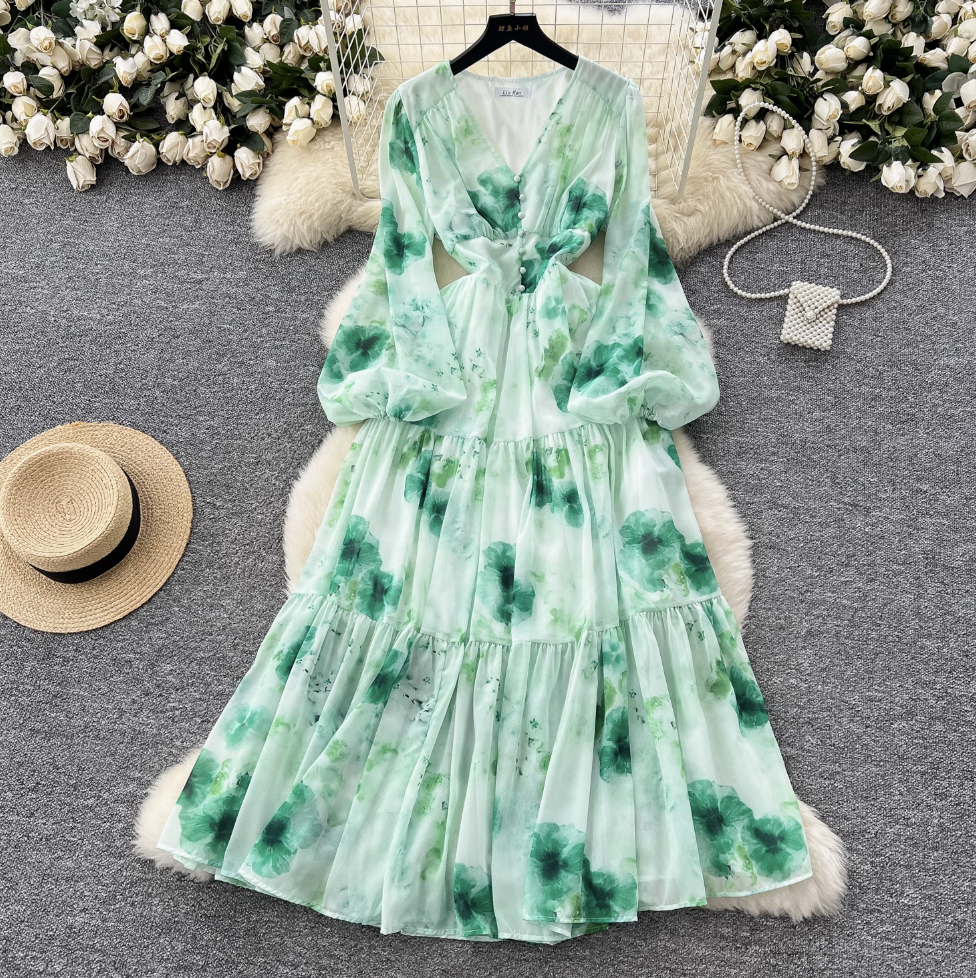 V-neck Pearl Buckle Floral Dress