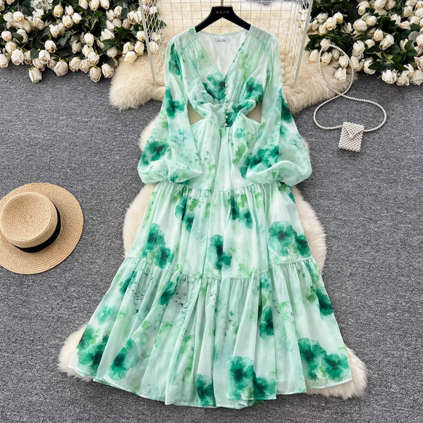 V-neck Pearl Buckle Floral Dress