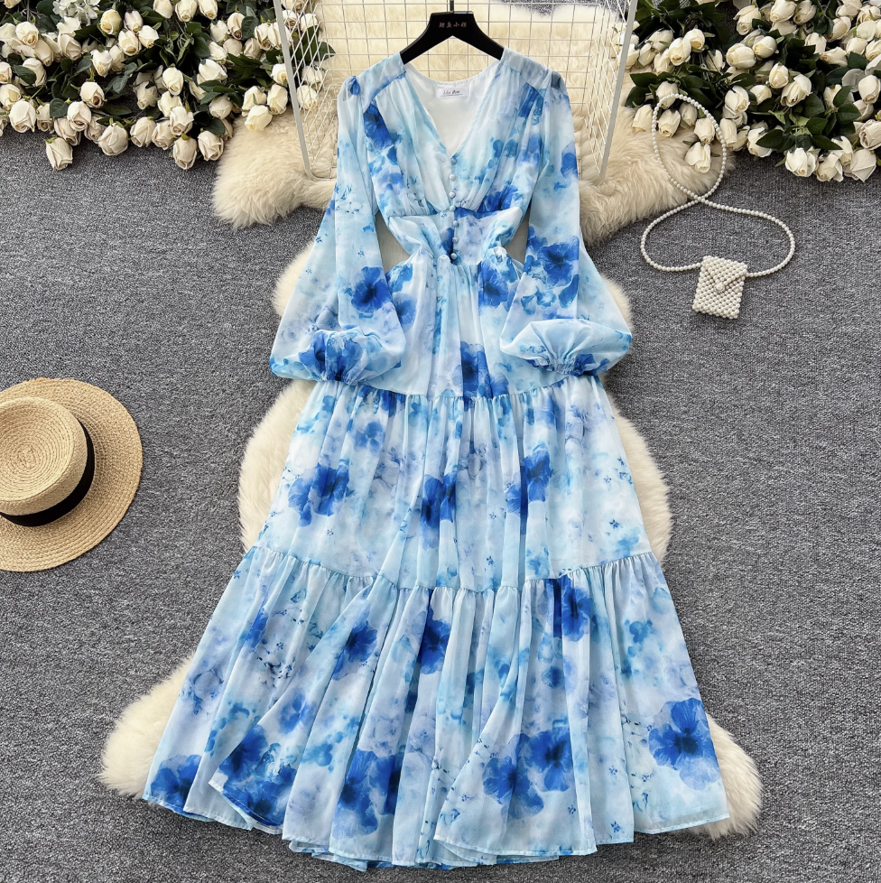 V-neck Pearl Buckle Floral Dress