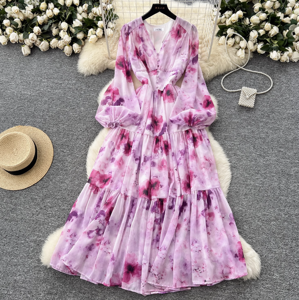 V-neck Pearl Buckle Floral Dress