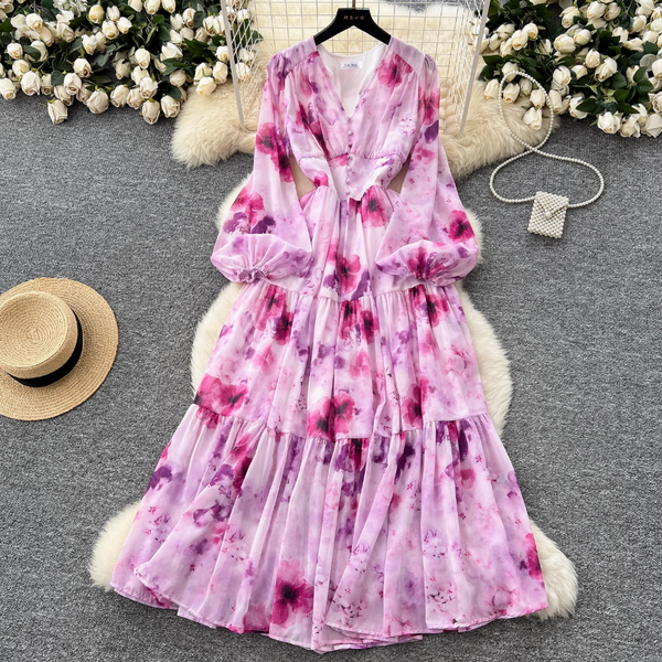 V-neck Pearl Buckle Floral Dress