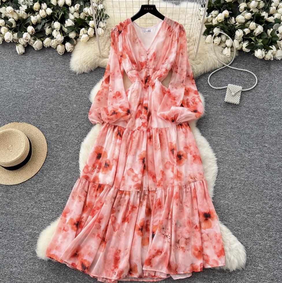 V-neck Pearl Buckle Floral Dress