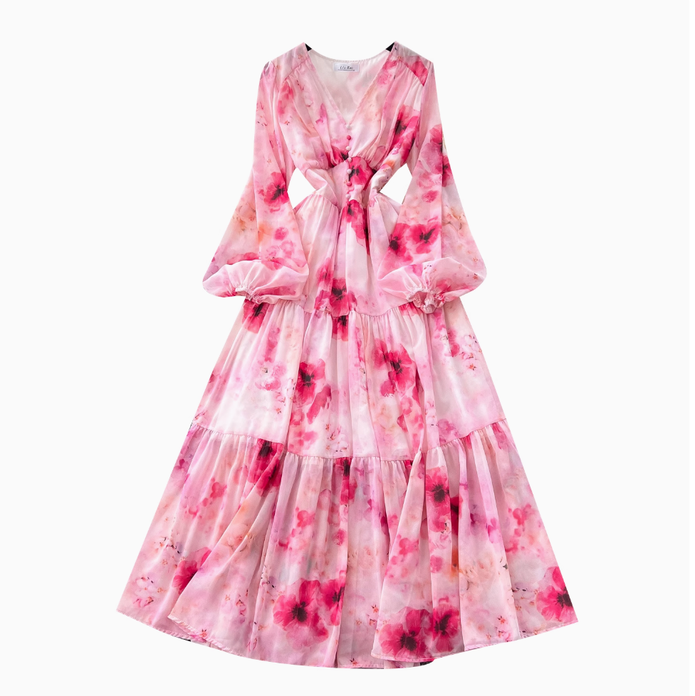 V-neck Pearl Buckle Floral Dress