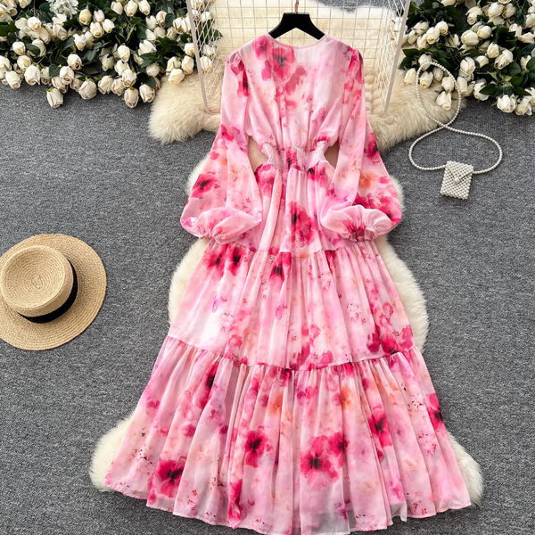 V-neck Pearl Buckle Floral Dress