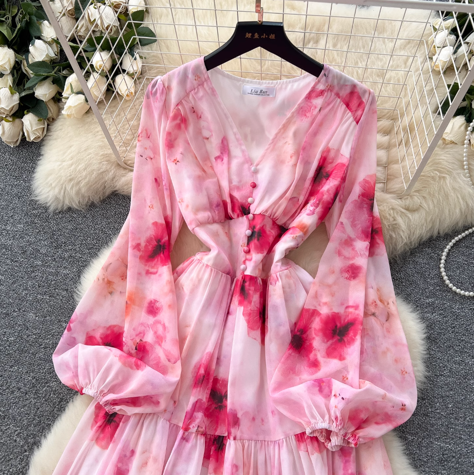 V-neck Pearl Buckle Floral Dress