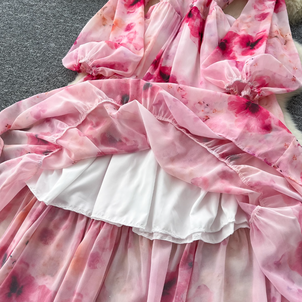 V-neck Pearl Buckle Floral Dress