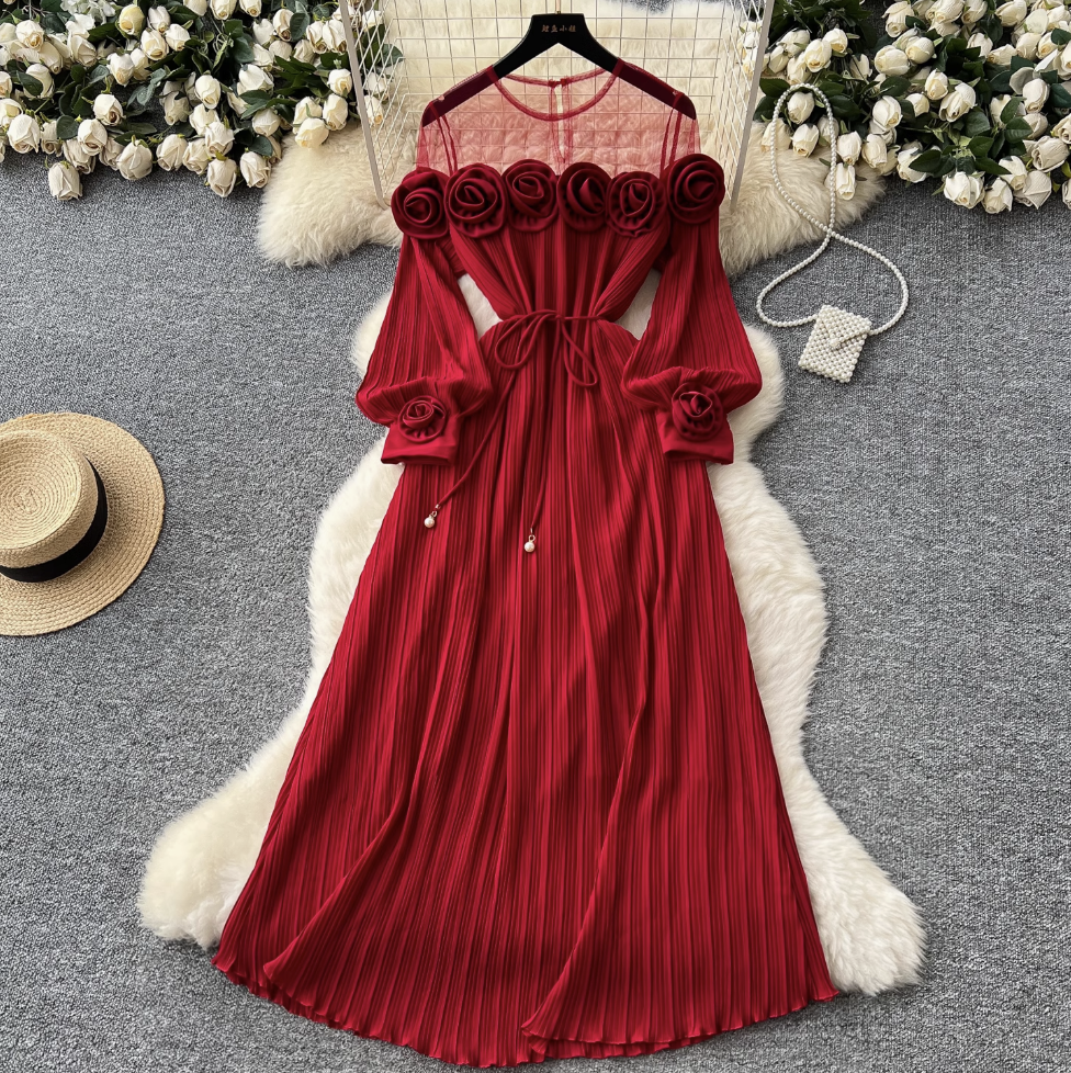 Mesh Collar Patchwork 3d Flower Dress