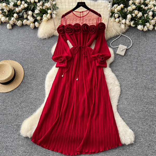 Mesh Collar Patchwork 3d Flower Dress