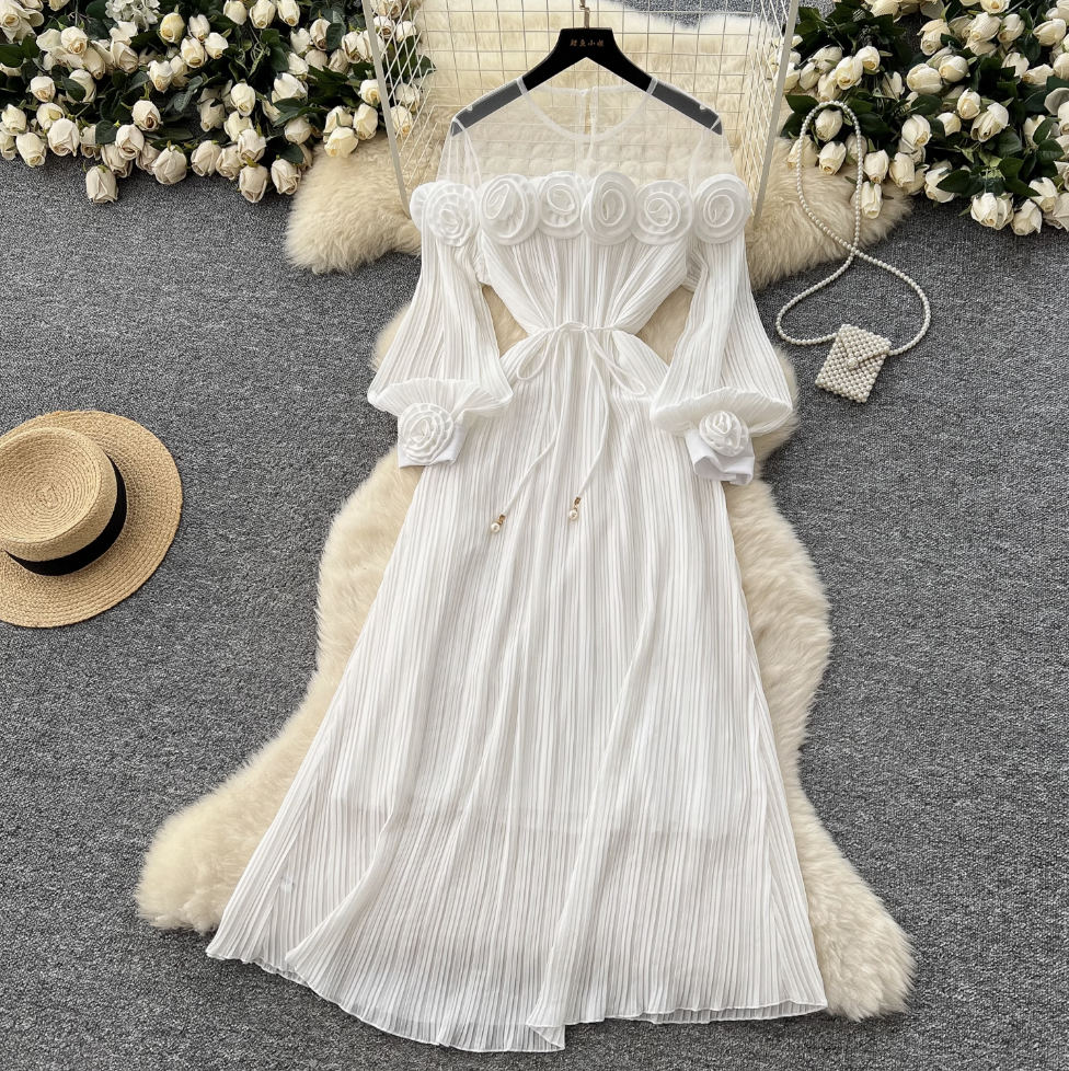 Mesh Collar Patchwork 3d Flower Dress