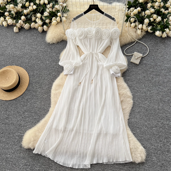 Mesh Collar Patchwork 3d Flower Dress