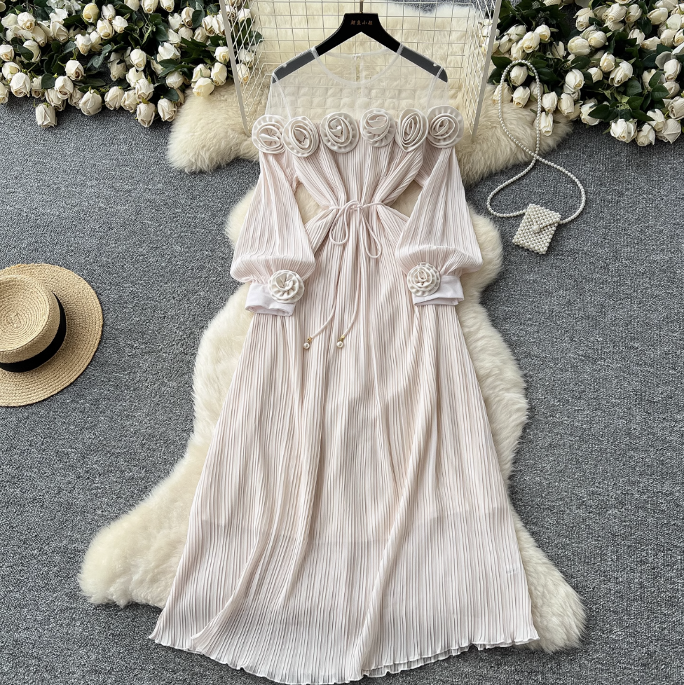 Mesh Collar Patchwork 3d Flower Dress