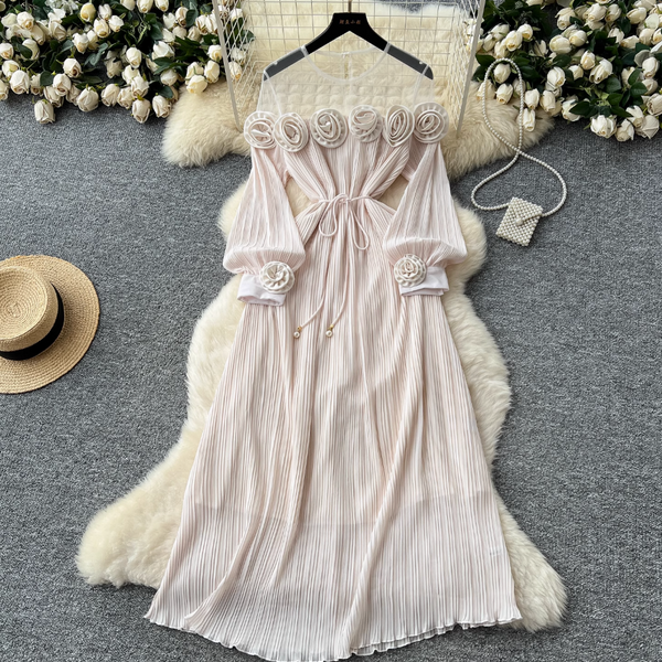 Mesh Collar Patchwork 3d Flower Dress