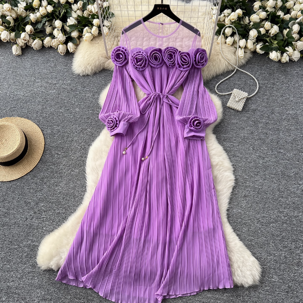 Mesh Collar Patchwork 3d Flower Dress
