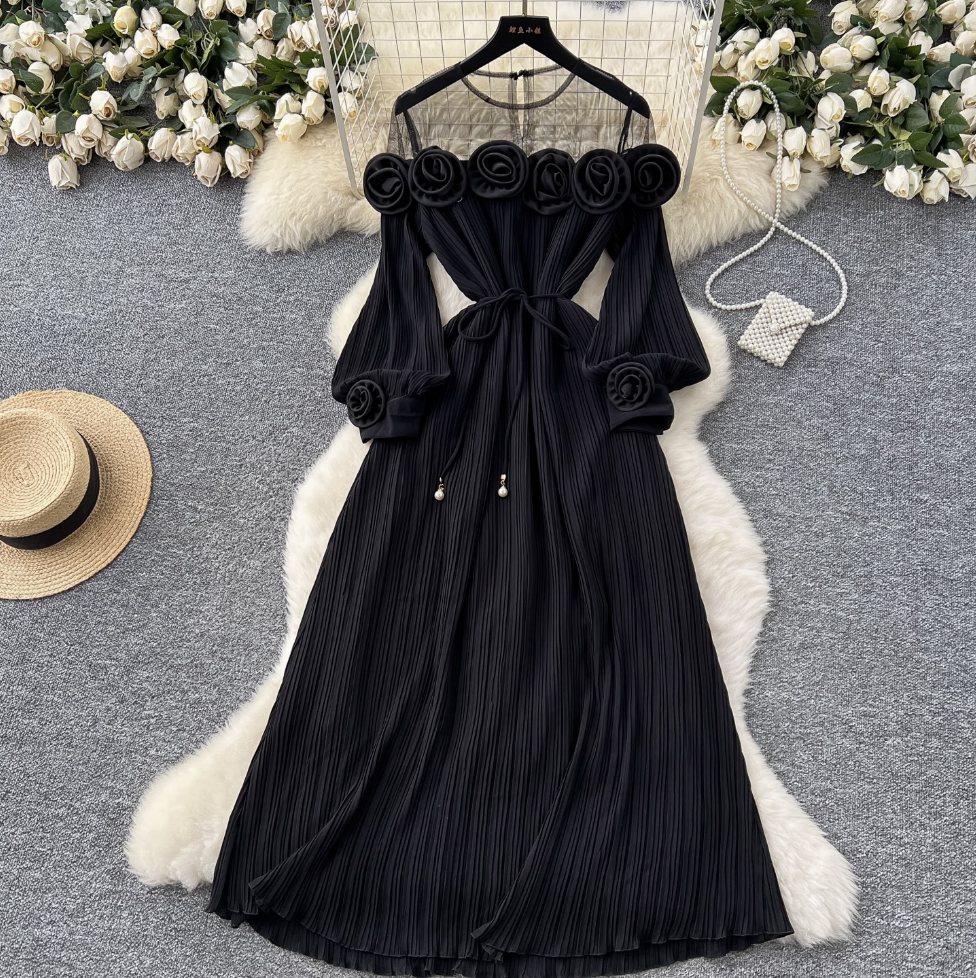 Mesh Collar Patchwork 3d Flower Dress