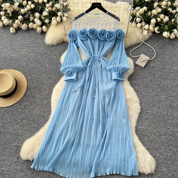 Mesh Collar Patchwork 3d Flower Dress