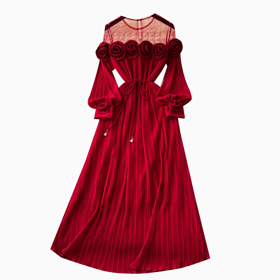 Mesh Collar Patchwork 3d Flower Dress