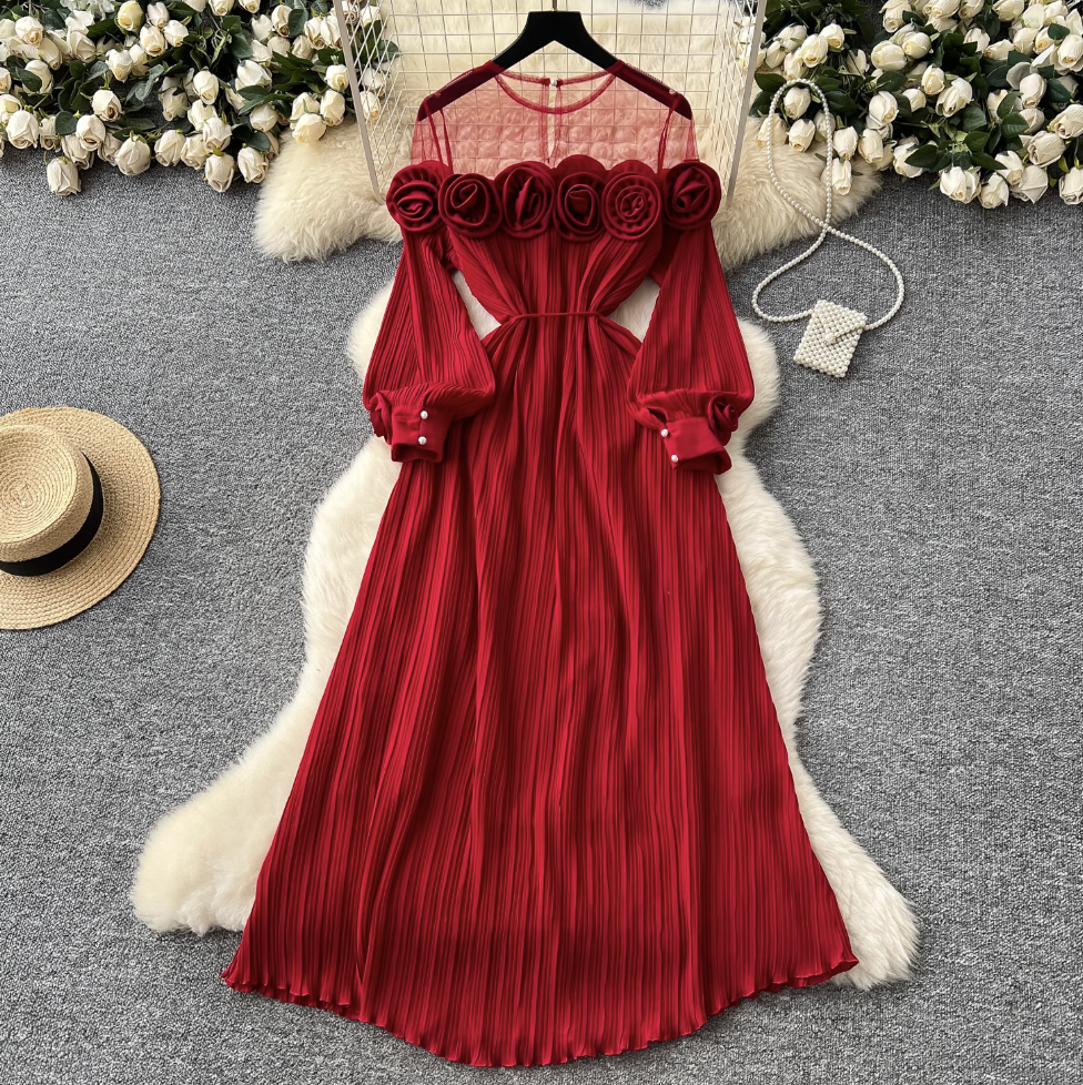 Mesh Collar Patchwork 3d Flower Dress