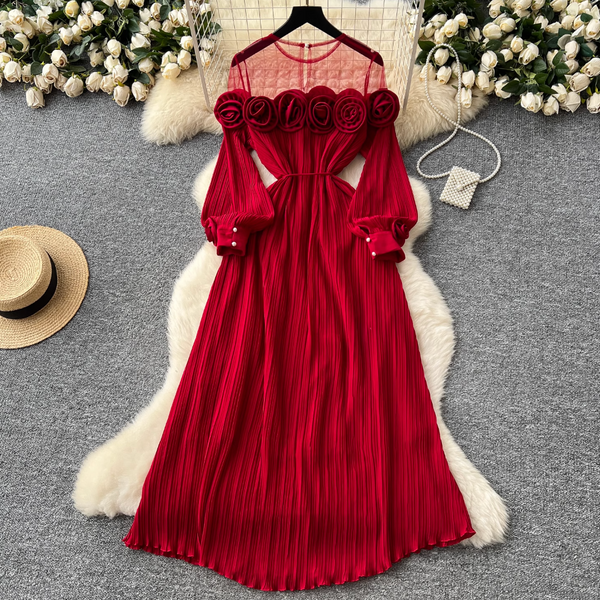 Mesh Collar Patchwork 3d Flower Dress