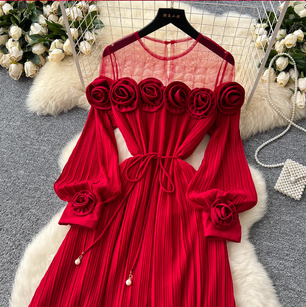 Mesh Collar Patchwork 3d Flower Dress