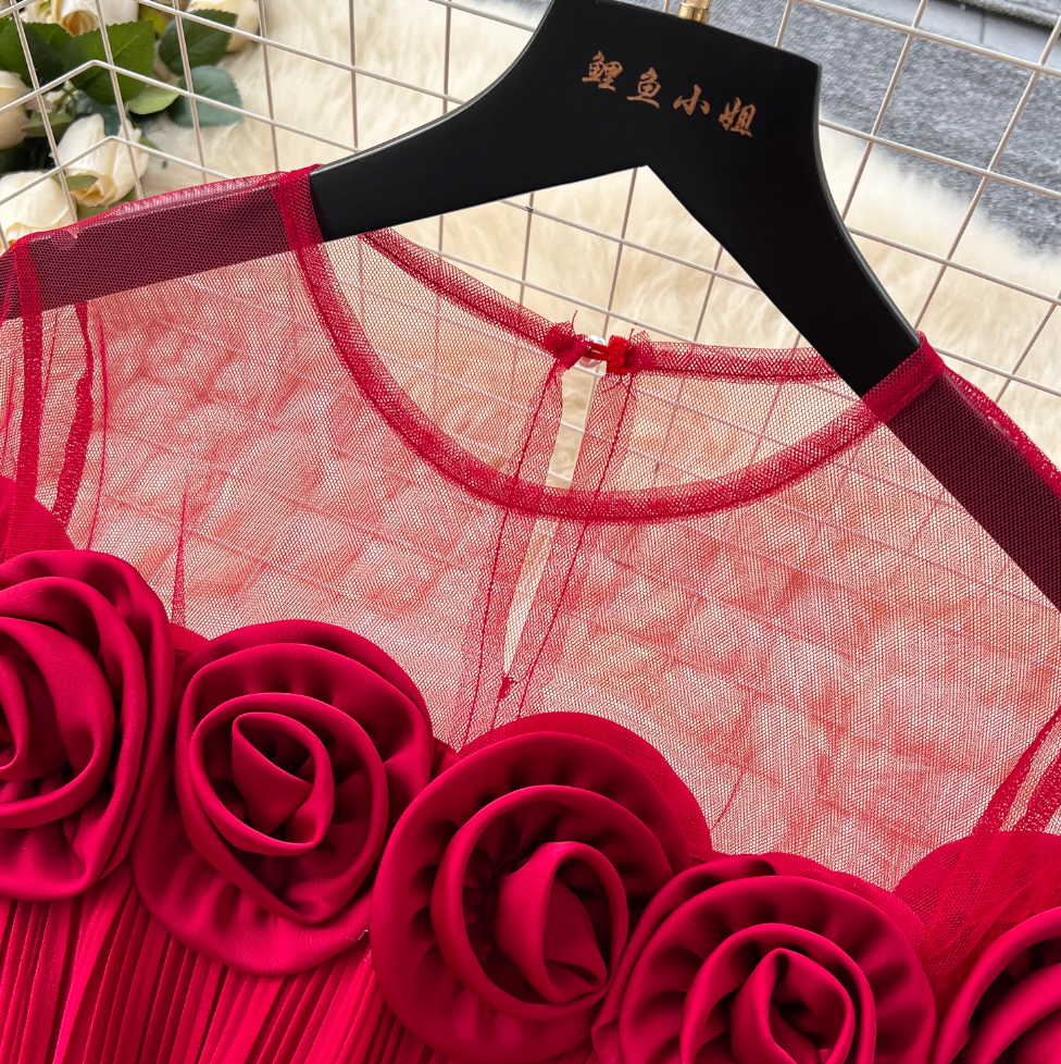 Mesh Collar Patchwork 3d Flower Dress