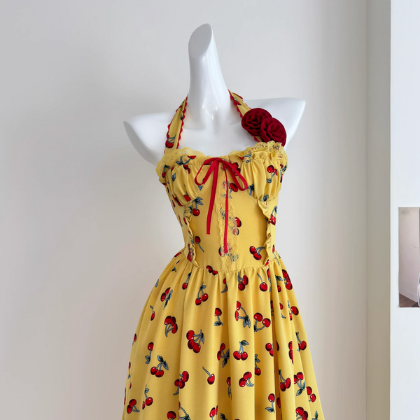 Vintage Backless Lace-up Floral Dress