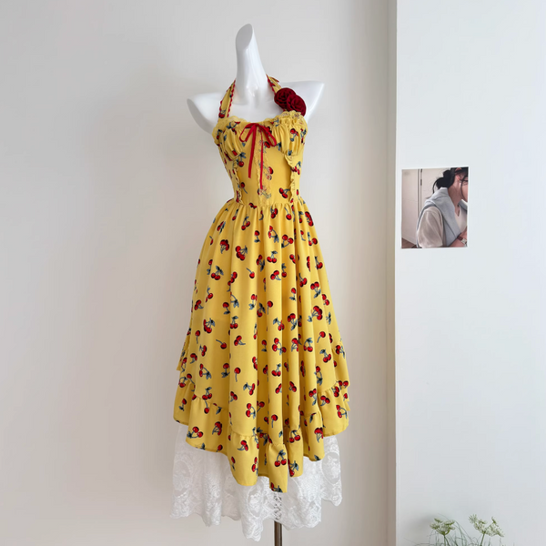 Vintage Backless Lace-up Floral Dress