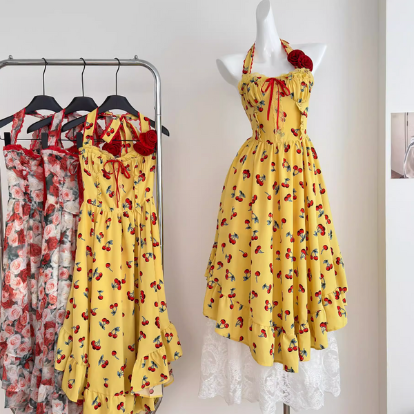 Vintage Backless Lace-up Floral Dress