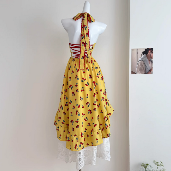 Vintage Backless Lace-up Floral Dress