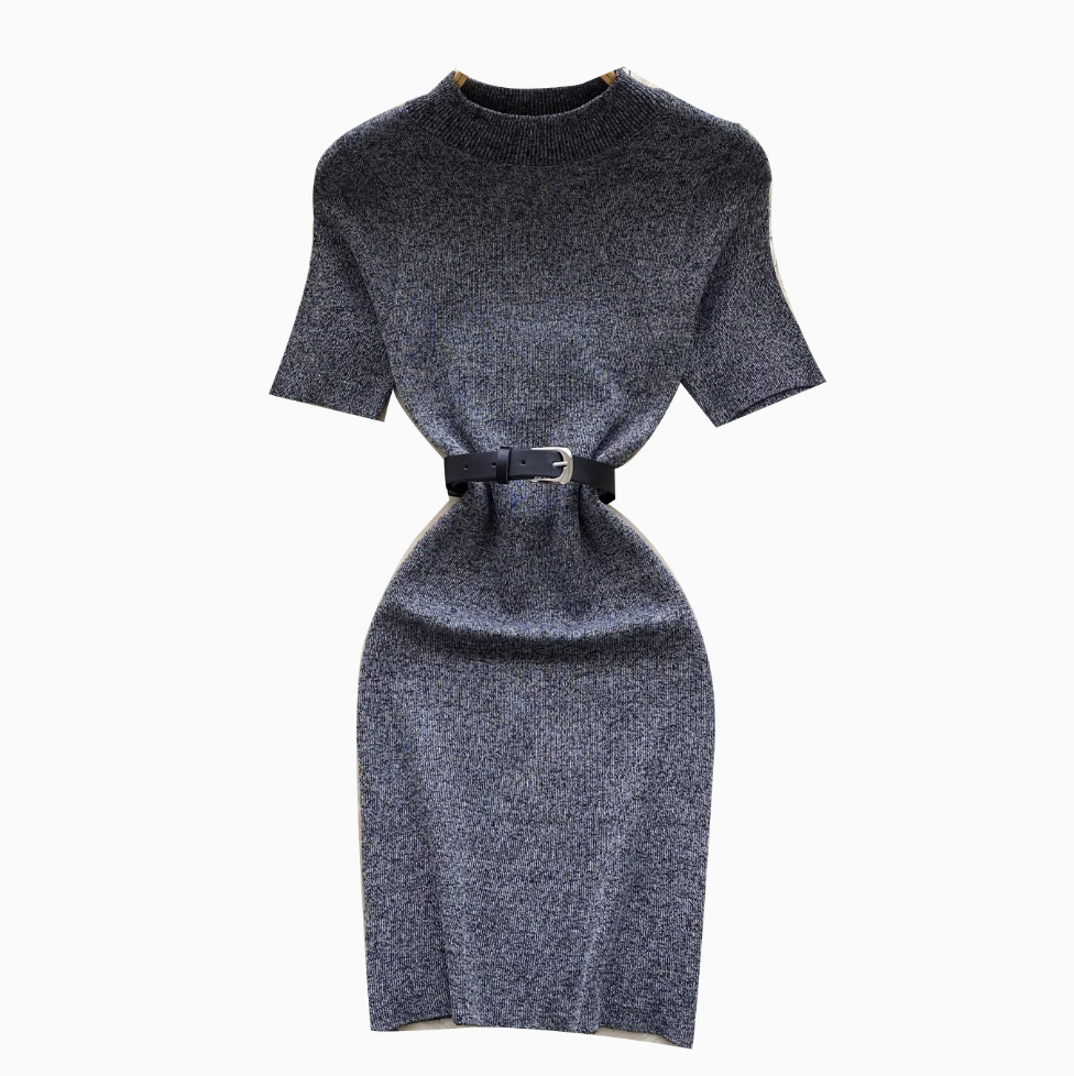 Elegant Gray Knitwear Dress with Belt