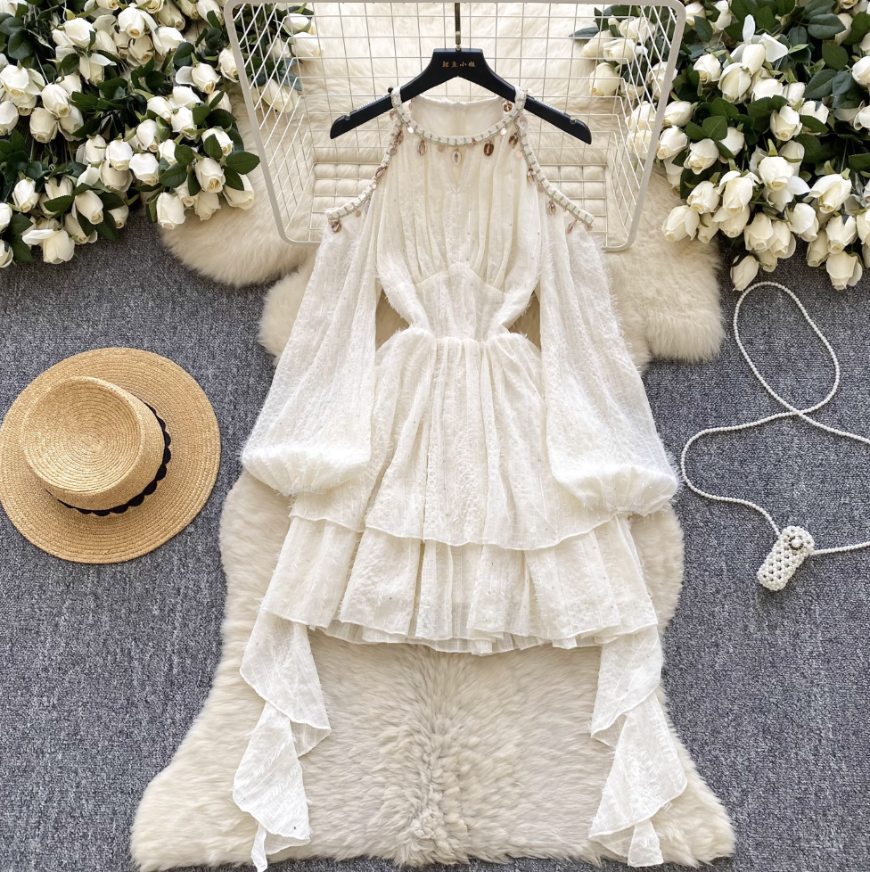 Hollowed Flared Sleeve Apricot Dress
