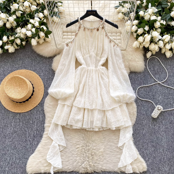 Hollowed Flared Sleeve Apricot Dress