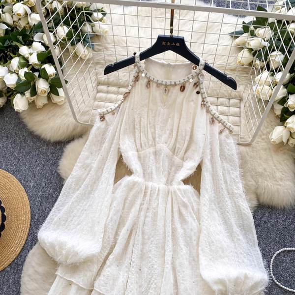 Hollowed Flared Sleeve Apricot Dress