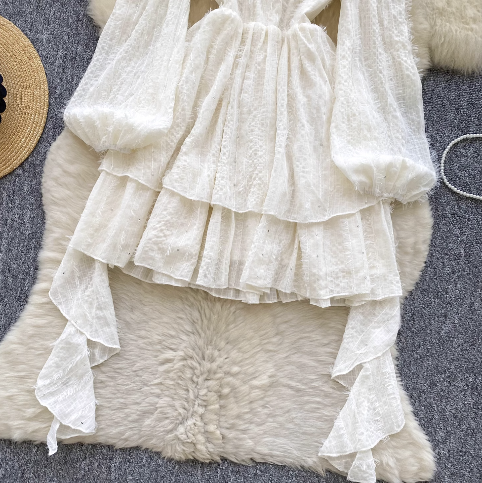 Hollowed Flared Sleeve Apricot Dress