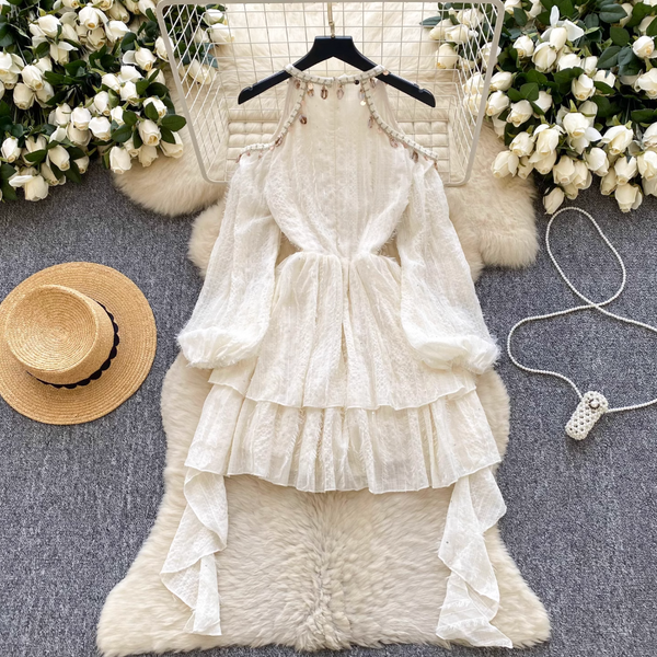 Hollowed Flared Sleeve Apricot Dress