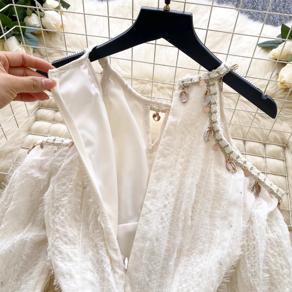 Hollowed Flared Sleeve Apricot Dress