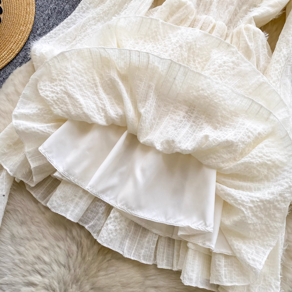 Hollowed Flared Sleeve Apricot Dress