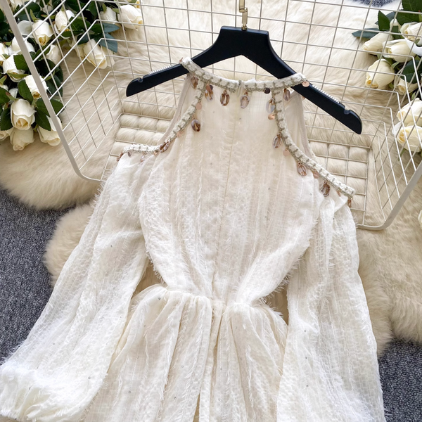 Hollowed Flared Sleeve Apricot Dress