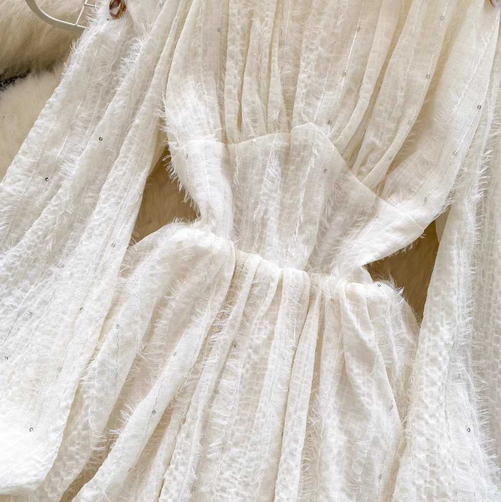 Hollowed Flared Sleeve Apricot Dress